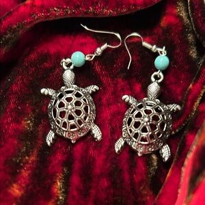 Silver Turtle Earrings with Turquoise Accents
